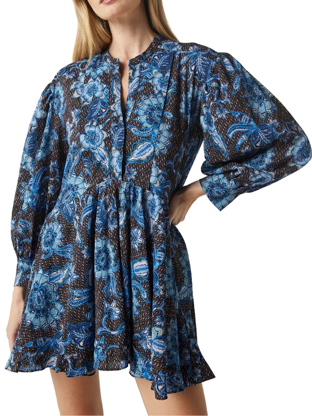MISA Los Angeles Nolan Dress Small S Blue Sunflower Boho Floral High Low Mini